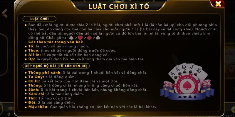 Luật chơi xì tố hiển thị rõ ràng và chi tiết